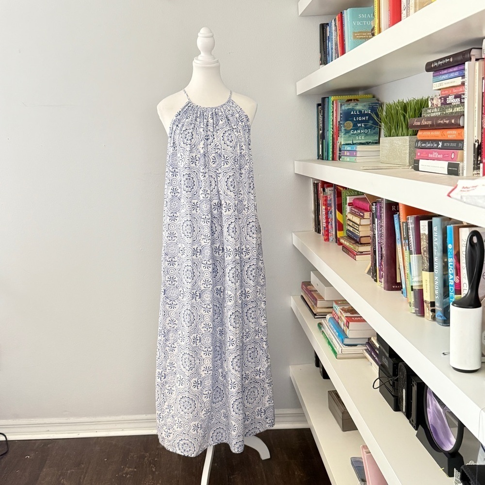 Fitzroy & Willa Cotton sleeveless Maxi Dress Blue White Medium
